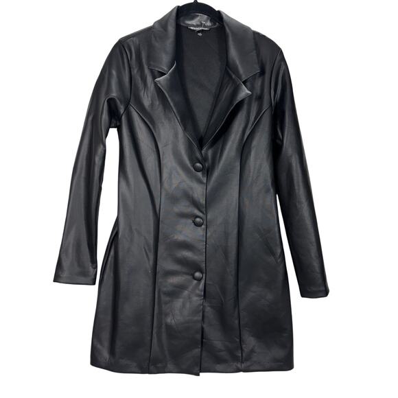 Wearever Black Faux Leather Retro Mini Dress Tunic Jacket Size M Button Front - Picture 2 of 8